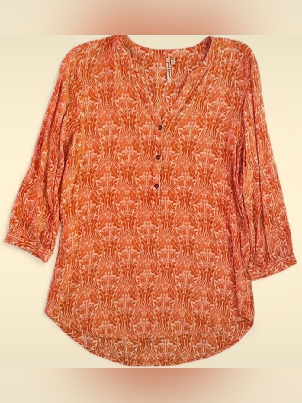 Grand & Greene Tangerine & White Damask V Neck Boho Blouse Medium Bohemian Vibe